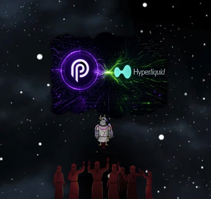 A dark space-themed digital artwork featuring the Polymarket and Hyperliquid logos connected by energy beams, with a small cartoon character in armor and silhouettes of hooded figures raising their hands below.