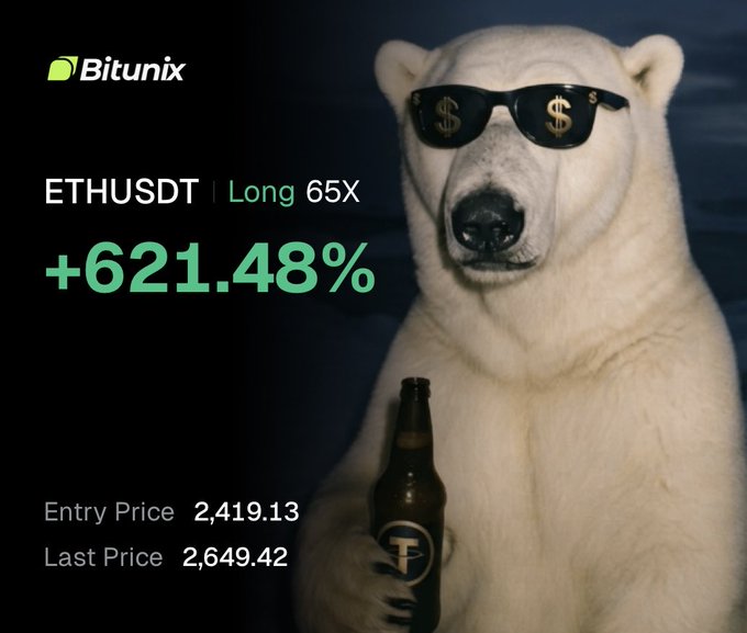 A Bitunix trading ad featuring a polar bear in dollar-sign sunglasses holding a beer showcases an ETHUSDT Long 65X position with a +621.48% gain, moving from an entry price of 2,419.13 to a last price of 2,649.42. The "talking dirty" caption references the bear's bold appearance, hinting that $ETH is flirtatiously tempting further bullish action.