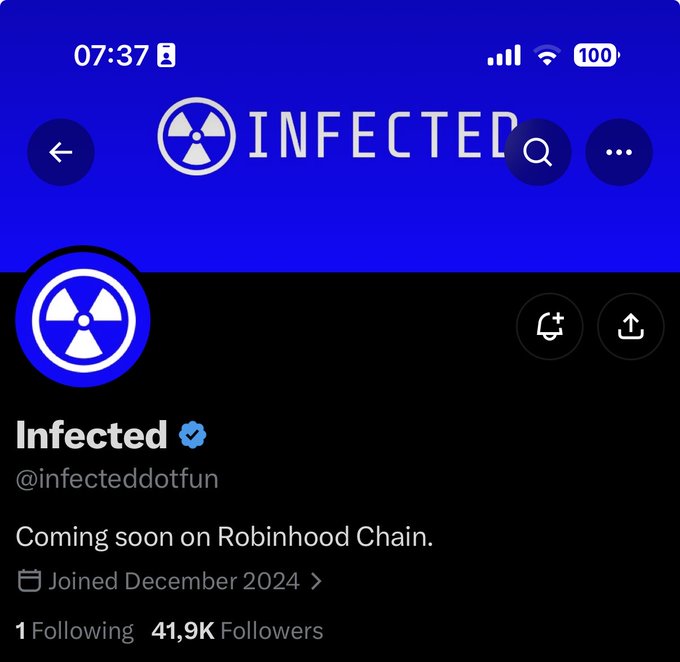 A Twitter/X profile screenshot for 'Infected' (@infecteddotfun) showing a radiation symbol avatar, a blue banner, and the bio 'Coming soon on Robinhood Chain.' with 41.9K followers, joined December 2024.