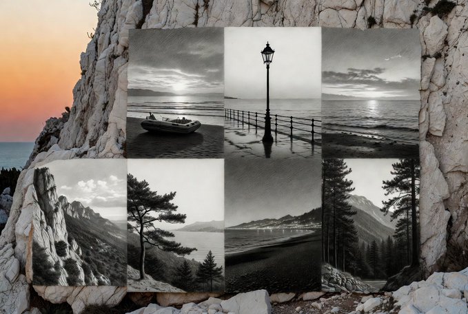 The same black and white photo collage of six landscape scenes displayed against a rocky background, identical to the previous image.