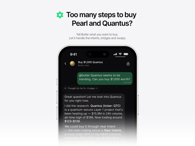 A promotional graphic showing a smartphone displaying a chat interface with the text 'Too many steps to buy Pearl and Quantus?' and a conversation about the Quantus (QTC) token.