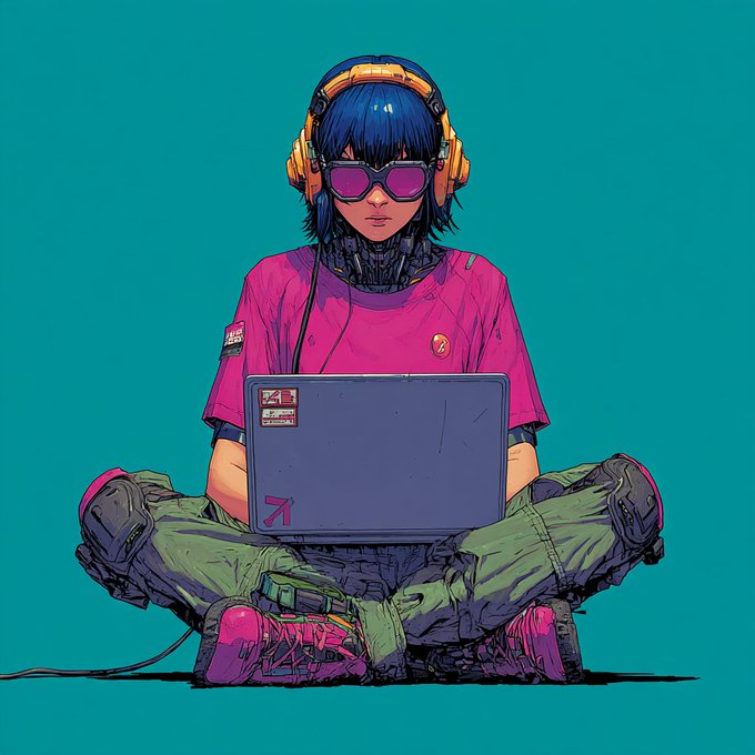 Stylized artwork of a blue-haired character with orange headphones and sunglasses, sitting cross-legged while using a laptop, wearing a pink shirt and green pants.