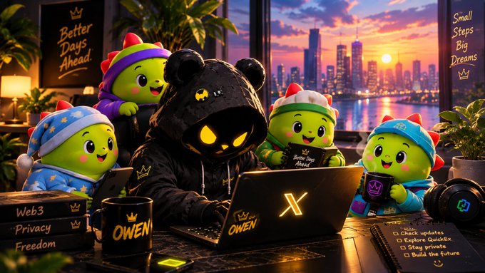 An AI-generated illustration of a black bear character wearing an 'OWEN' hoodie working alongside green dragon-like creatures with city skyline and 'Better Days Ahead' signage in the background.