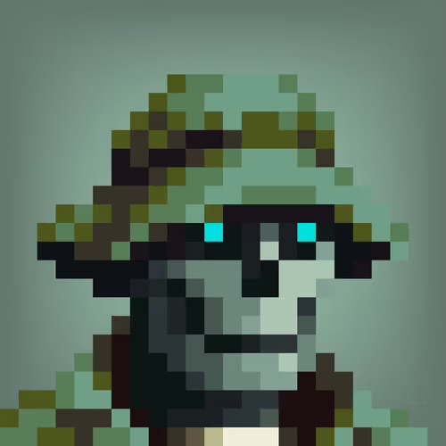 A pixel art image of a green-toned creature with glowing blue eyes against a teal background.