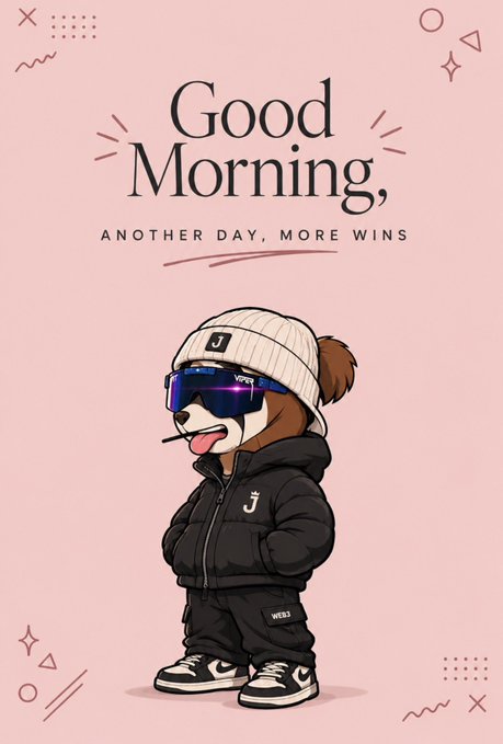 A pink 'Good Morning, Another Day, More Wins' greeting card featuring a cartoon dog wearing a beanie, sunglasses, and Nike streetwear.