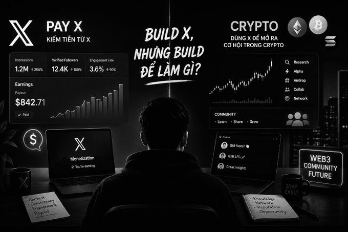 A black-and-white graphic promoting X (Twitter) monetization and crypto community building, showing earnings data including $842.71 payout and metrics like 1.2M impressions and 12.4K followers.