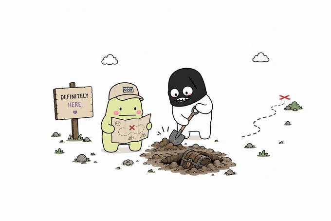 A cute cartoon illustration of two characters digging up a treasure chest, with a sign reading 'DEFINITELY HERE' and a map, while a dotted path with a red X leads elsewhere.