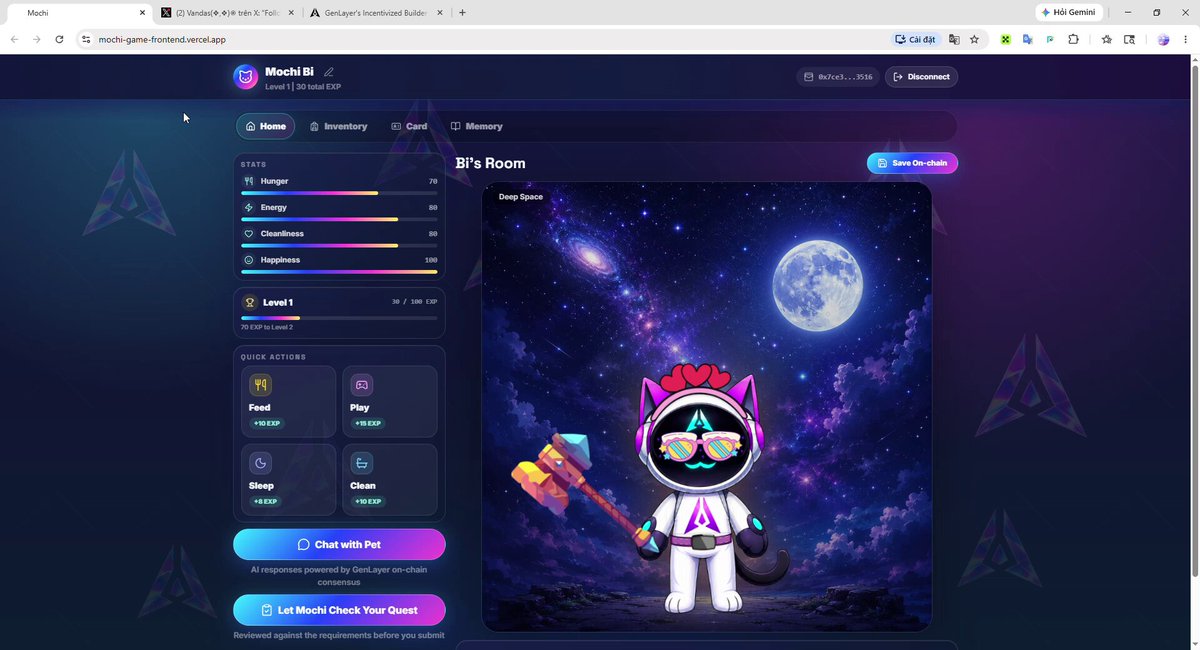 The image shows a computer screen displaying a website called "Mochi" that features a cartoon character wearing a white outfit and glasses, holding a hammer. The website appears to be an AI pet dApp designed for children, as indicated by the text in the image. The main focus of the post is on Mochi, a cute on-chain companion with customizable options such as raising it or making it your own.
