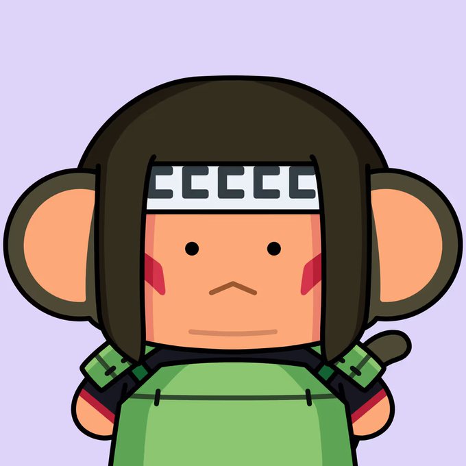 A cartoon-style illustration of a chibi character with large round ears, wearing a forehead protector, green outfit, and red face markings, resembling a stylized ninja or anime character.