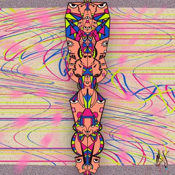 A vibrant, hand-drawn digital artwork featuring a vertically symmetrical totem-like figure with kaleidoscopic patterns in pink, yellow, blue, and purple tones, set against a swirling pastel background. The piece aligns with the post's description of the final four available artworks in the collection, hand-drawn digitally as 1/1 editions ranging from 30 to 170 xtz.