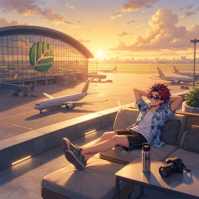 An anime-style illustration of a red-haired character relaxing on a lounge chair overlooking an airport with airplanes during sunset, with a water bottle and camera nearby.