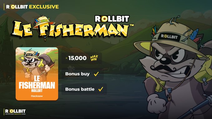 A promotional image for the exclusive Rollbit slot game "Le Fisherman," featuring a cartoon mascot raccoon in fishing attire with a "Rollbit" hat, advertising a 15,000x max win and features including "Bonus buy" and "Bonus battle." The image aligns with the announcement of Rollbit's collaboration with Hacksaw Gaming to launch this branded slot game.