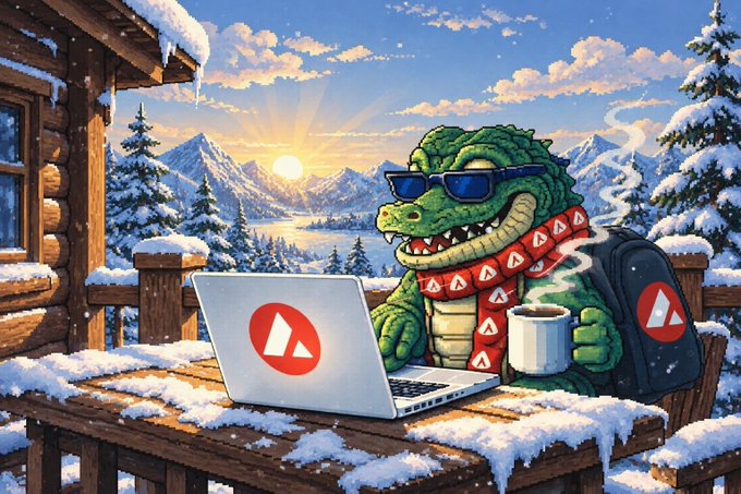 An illustration of an alligator wearing sunglasses and an Avalanche (AVAX) branded scarf, working on a laptop with the Avalanche logo at a snowy mountain cabin scene with a steaming coffee mug.