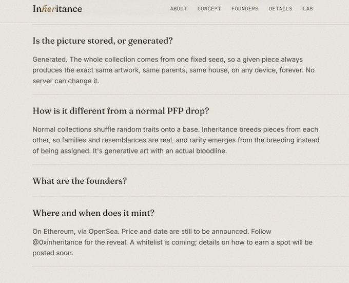 A webpage FAQ for an NFT project called 'Inheritance' explains that pieces are generated from a fixed seed, describes how it differs from normal PFP drops by breeding traits, and states it will mint on Ethereum via OpenSea.