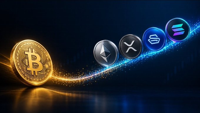 A digital graphic shows a gold Bitcoin coin on the left, with Ethereum, XRP, Solana, and other cryptocurrency coins lined up on the right against a glowing blue trail.