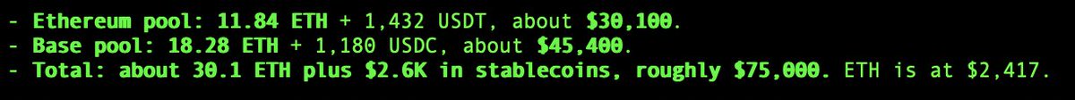 Terminal-style text displaying cryptocurrency portfolio holdings: Ethereum pool (11.84 ETH + 1,432 USDT, about $30,100), Base pool (18.28 ETH + 1,180 USDC, about $45,400), totaling about 30.1 ETH plus $2.6K in stablecoins at roughly $75,000, with ETH priced at $2,417.
