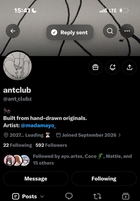 A screenshot of an Instagram profile for 'antclub' (@ant_clubz) showing a 'Reply sent' confirmation, with the bio reading 'Built from hand-drawn originals. Artist: @madamayo_' and 592 followers.