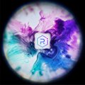 A circular logo featuring a vibrant watercolor-style splash of pink, blue, and teal hues surrounding a central geometric icon, likely associated with the crypto project Sunrise as referenced by the x.com link.