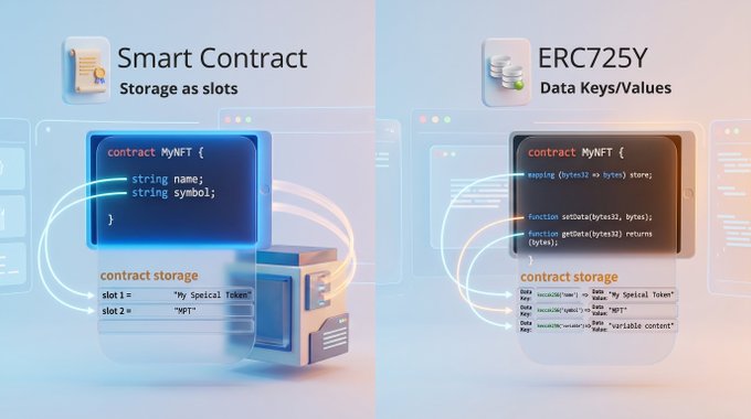 Educational infographic comparing Smart Contract storage (Storage as slots) with ERC725Y (Data Keys/Values), showing code snippets for a MyNFT contract on both sides.
