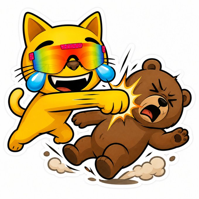 A cartoon sticker depicts a laughing yellow cat wearing rainbow-colored sunglasses slapping a crying brown bear in the face.