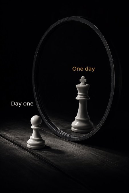 A conceptual image showing a small pawn facing a mirror that reflects a king chess piece, labeled "Day one" and "One day" respectively.