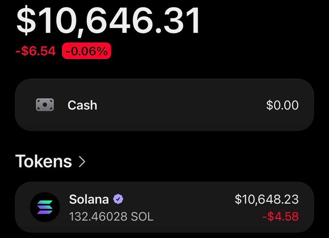 A crypto wallet portfolio screen displays a total balance of $10,646.31, showing $0.00 in cash and 132.46028 SOL (Solana) valued at $10,648.23, down $4.58. The image serves as "proof" of a Solana holding to promote the account @coldtrz and an upcoming "airdrop."