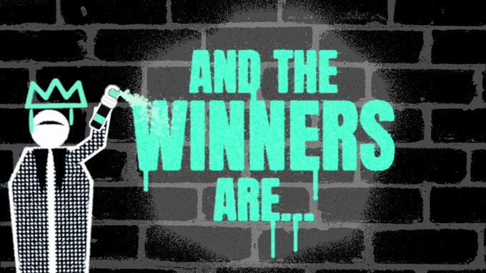 A graffiti-style graphic with a crown-wearing figure spraying paint on a brick wall, displaying the text "AND THE WINNERS ARE..." in dripping teal letters to announce the giveaway winners (@shafi_tauseef, @rosxzee, and @navlld) and their respective cash prizes listed in the post.