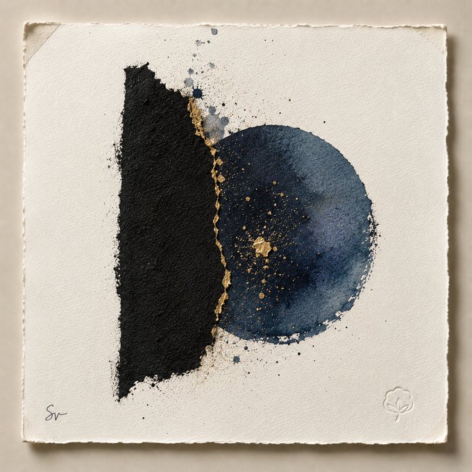 An abstract watercolor painting on textured paper featuring a bold black vertical shape beside a navy blue circle adorned with gold flecks and splatters, signed "SV" in the lower left. The piece, titled "The Silent Divide," is a 1/1 NFT being offered for 25 XTZ on the Tezos blockchain.