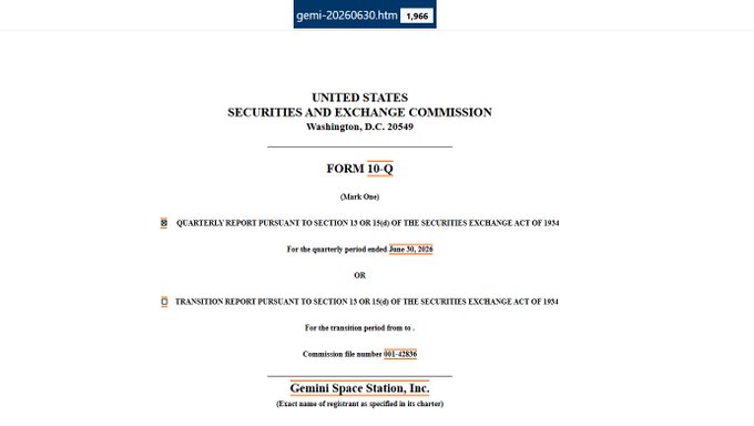 Gemini Space Station, Inc.'s Form 10-Q filing with the SEC for the quarterly period ended June 30, 2026 (Commission file number 001-42836), the same report that omitted XRP as a top revenue-driving asset alongside BTC and ETH.