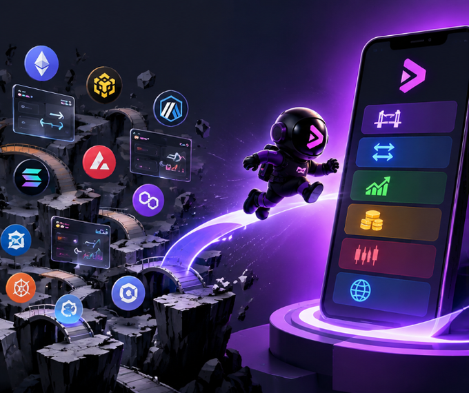 A stylized digital illustration showing an astronaut leaping among various cryptocurrency icons (Ethereum, BNB, etc.) toward a smartphone displaying trading interface buttons.