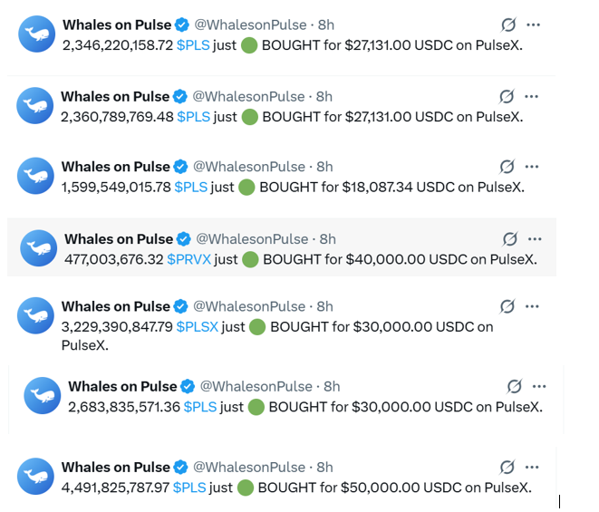 A series of Twitter/X posts from @WhalesonPulse reporting large purchases of PLS tokens (including $PLS, $PRVX, and $PLSX) for USDC on PulseX, with amounts ranging from $18,087 to $50,000.