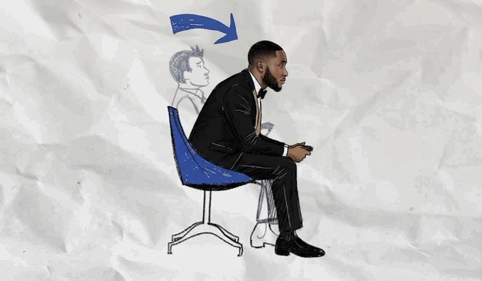 A black and white illustration depicts a man in a suit sitting on a blue chair with good posture, while a faded outline behind him shows slouching, with an arrow pointing to the upright position.
