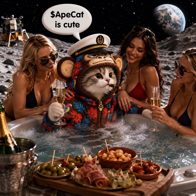 An AI-generated surreal scene of a cat dressed as a ship captain in a floral jacket sitting in a hot tub on the moon with three bikini-clad women, with a speech bubble saying '$ApeCat is cute', champagne glasses, and a charcuterie board.