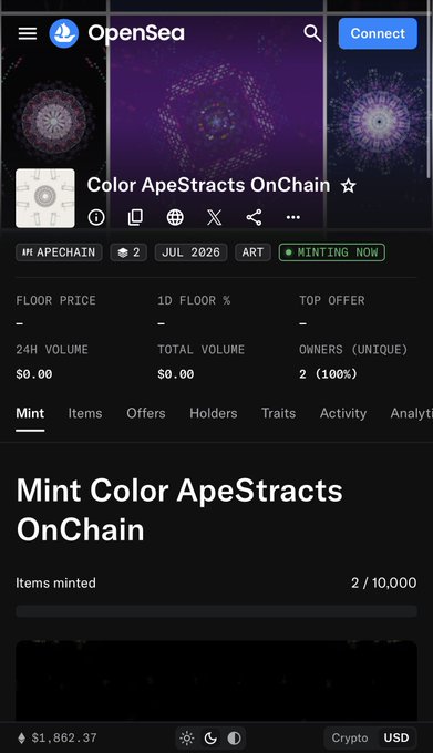 A mobile screenshot of OpenSea showing an NFT collection called "Color ApeStracts OnChain" by APECHAIN, with 2/10,000 items minted, minting scheduled for JUL 2026, and an ETH value of $1,862.37 displayed.