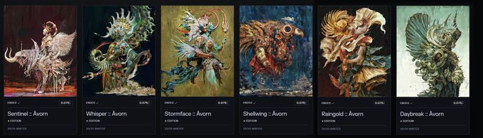 The image displays a row of six Avorn Edition artwork thumbnails titled Sentinel, Whisper, Stormface, Shelwing, Rangold, and Daybreak, all marked as "EDITION" with sold-out indicators. This visual ties to the post celebrating that all 20 editions across the six Avorn artworks have sold out, with Beacons now available for a limited 24-hour window before phase 2 public sale.