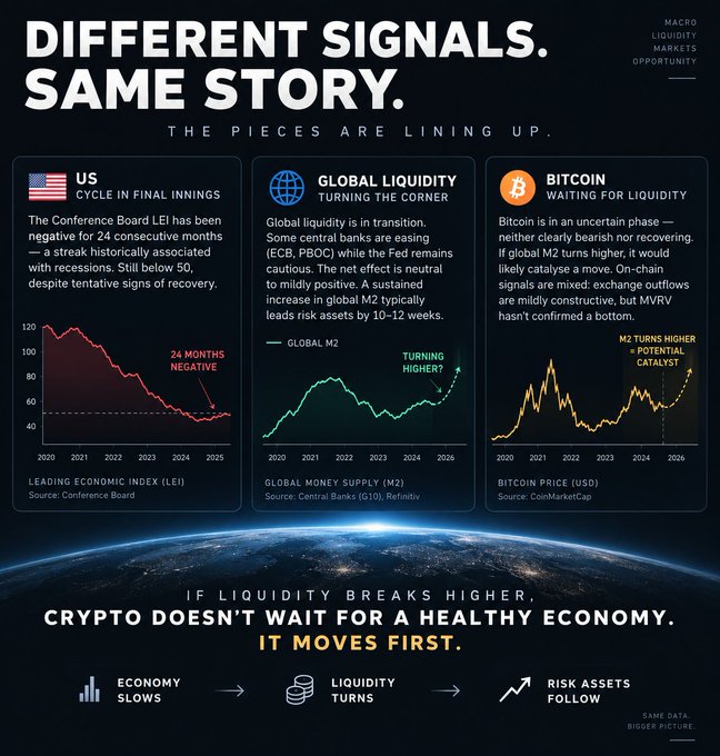 An investment infographic headed “DIFFERENT SIGNALS. SAME STORY.” highlights a weak US cycle, improving global liquidity, and Bitcoin awaiting liquidity, concluding that crypto may rise before the broader economy.