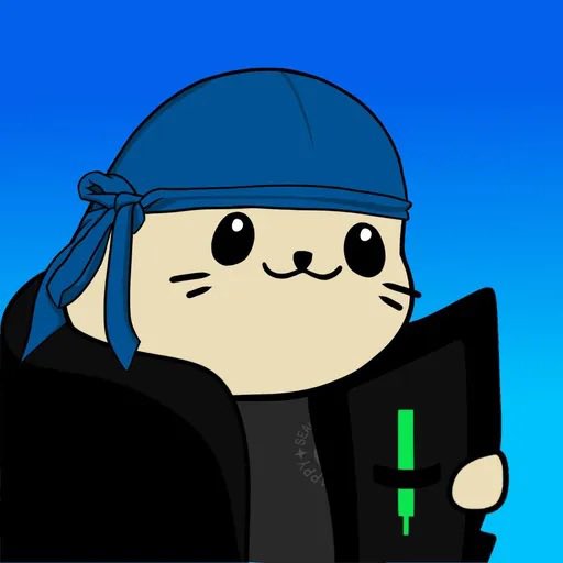 A digital illustration of a cute cartoon cat-like character wearing a blue bandana and holding a black wallet or tablet displaying a green vertical line symbol.