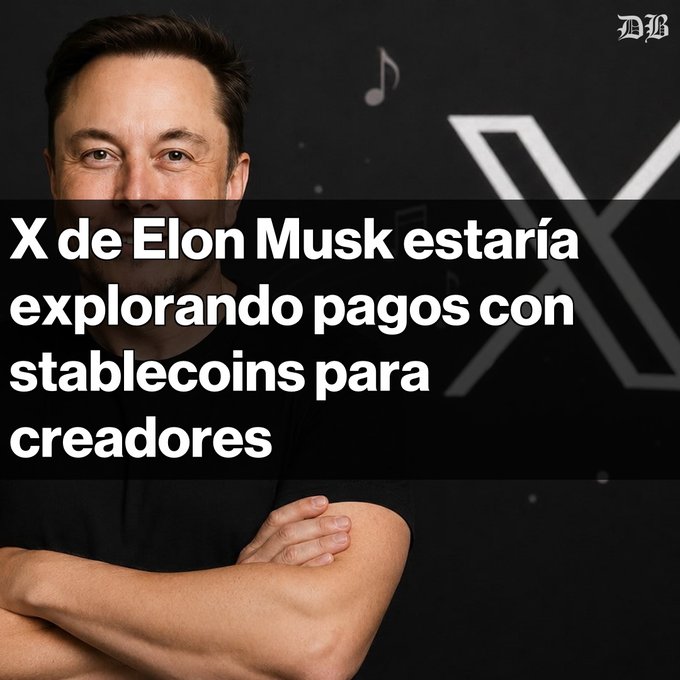 A news graphic featuring a man with crossed arms and Spanish text 'X de Elon Musk estaría explorando pagos con stablecoins para creadores' next to a large X logo.