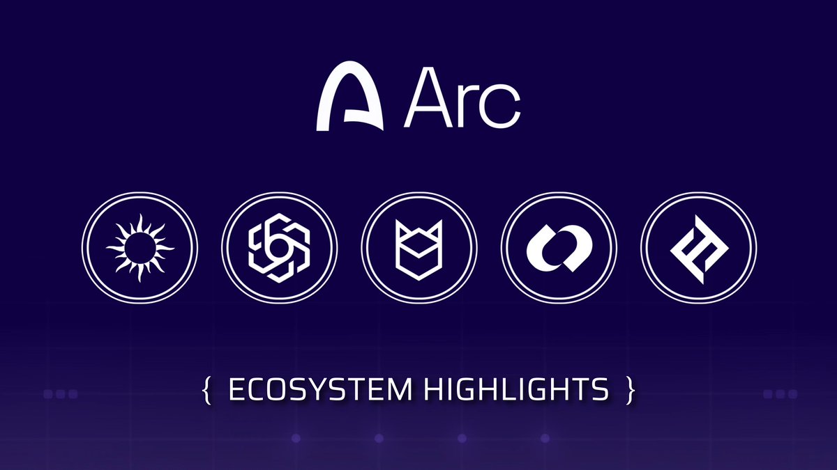 An "Arc" ecosystem highlights banner on a dark blue background featuring five circular cryptocurrency/project icons.