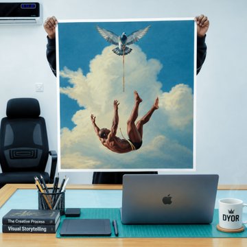 A surrealist painting being held up showing a falling figure hooked to a cloud with a chain, displayed in front of a desk with an Apple laptop and a book titled 'The Creative Process of Visual Storytelling.'