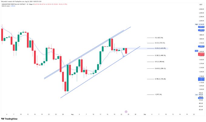 A TradingView financial chart titled "US500" showing candlestick price action with a blue ascending channel, an EMA (9-period) overlay, and Fibonacci retracement levels (0.236 to 1) marked on the right side, dated August 26, 2024.