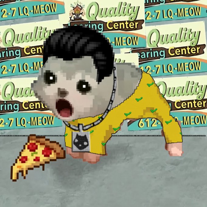 A pixelated character in a yellow hoodie with bone patterns and a dog tag stands in front of a background repeating 'Quality Caring Center' and '2-7 LQ-MEOW', with a slice of pixelated pizza nearby.