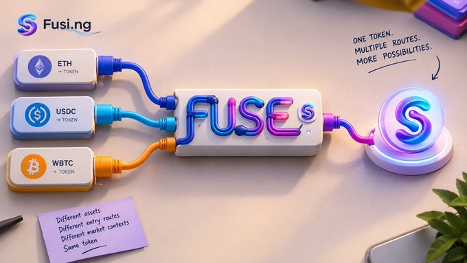 A promotional graphic for Fusi.ng showing the 'FUSE' token system connecting different assets (ETH, USDC, WBTC) into a single token, with the tagline 'One token. Multiple routes. More possibilities.'