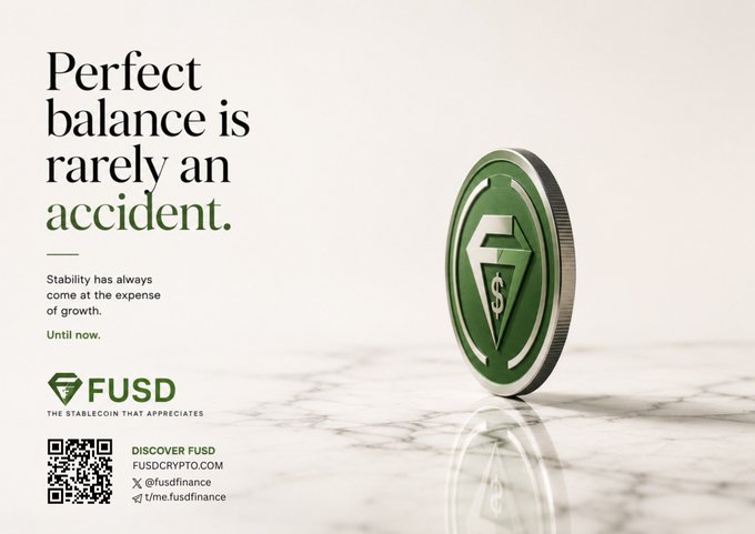 A digital advertisement for 'FUSD - THE STABLECOIN THAT APPRECIATES' showing a green coin with text 'Perfect balance is rarely an accident' and a QR code linking to fusdcrypto.com.