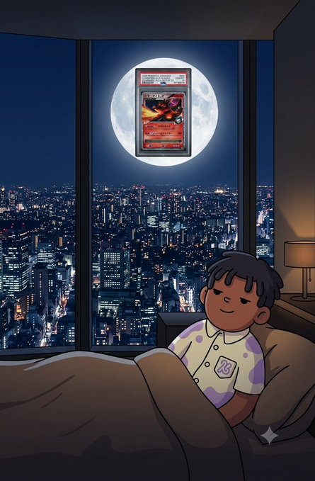 A cartoon figure in heart-patterned pajamas sits contentedly in bed, gazing out a window at a nighttime cityscape where a Pokémon card (appearing to be a holographic Charizard) is displayed against the glowing full moon—symbolizing the magical, almost dreamlike excitement of ripping Solflare packs before bedtime.