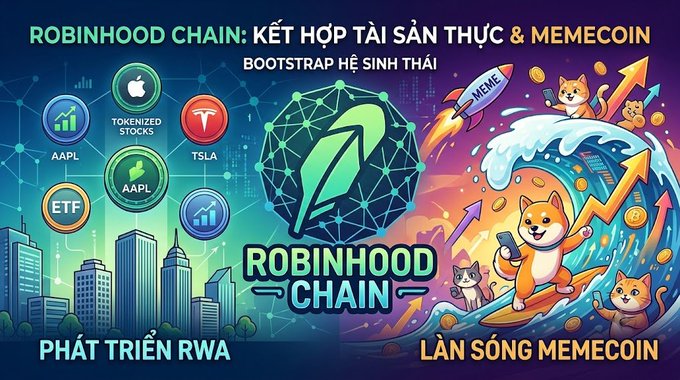 A vibrant digital illustration promotes "Robinhood Chain" with Vietnamese text reading "KẾT HỢP TÀI SẢN THỰC & MEMECOIN" (Combining Real Assets & Memecoin) and "BOOTSTRAP HỆ SINH THÁI" (Bootstrap the Ecosystem), featuring tokenized stock tickers like AAPL, TSLA, and ETF alongside playful memecoin characters like cats and rockets. The image visually captures Robinhood CEO Vladimir Tenev's surprising strategic pivot from tokenizing real-world assets (RWA) to embracing memecoins, splitting the scene between serious financial assets on the left ("PHÁT TRIỂN RWA") and the speculative memecoin wave on the right ("LÀN SÓNG MEMECOIN").