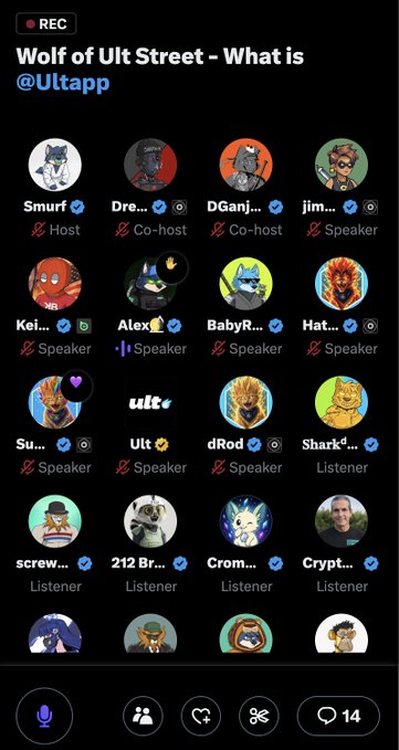 The image shows a screenshot of an X (Twitter) Spaces recording titled "Wolf of Ult Street - What is" featuring various speakers and listeners including "Crom..." who is listed as a Listener, connecting to the post's discussion about Cronos ($CRO).