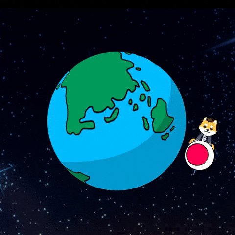 urn of a cat is floating in space, with the Earth and Japan depicted as cartoon characters against a black background.