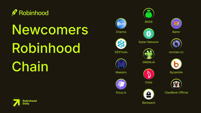 A dark slide titled 'Newcomers Robinhood Chain' displays various cryptocurrency token logos including Charms, BAGS, Kyber Network, DEXTools, and onchain.cc.