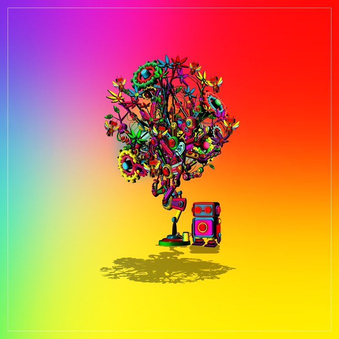 A colorful digital illustration featuring an abstract, psychedelic tree-like structure composed of mechanical and floral elements, set against a vibrant rainbow gradient background.